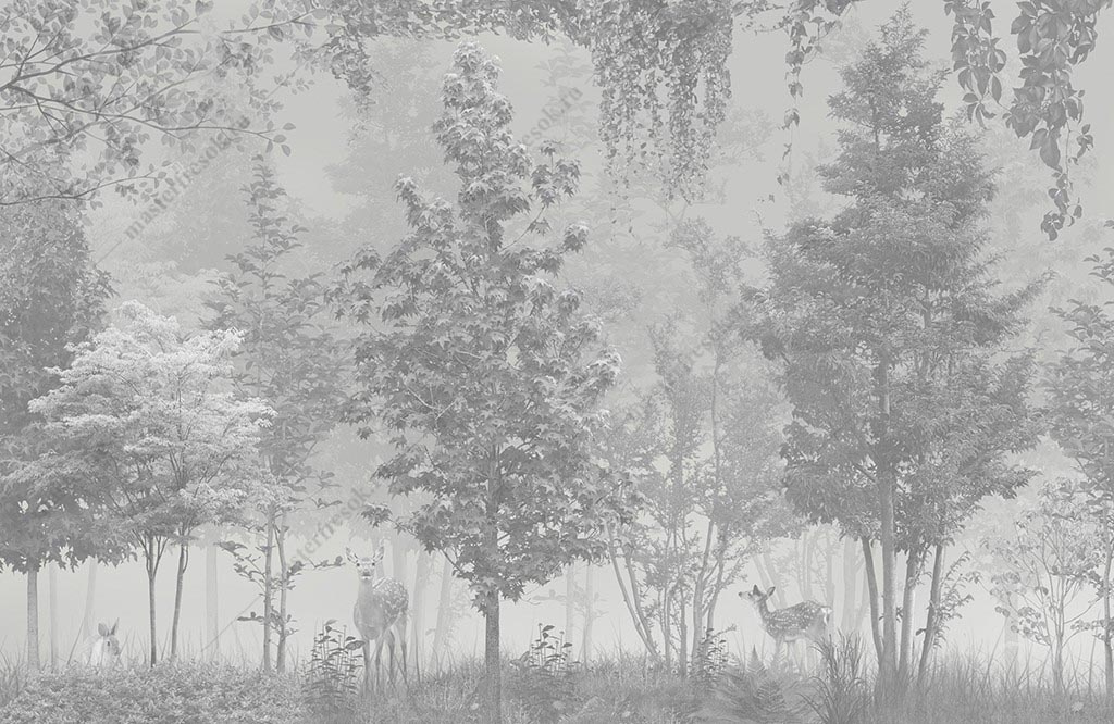 Фотообои Серый лиственный лес с оленями